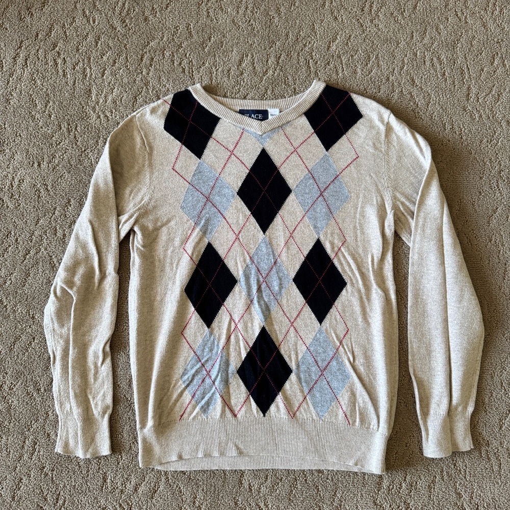 The Children's Place Cream and Black Crewneck Argyle Sweater